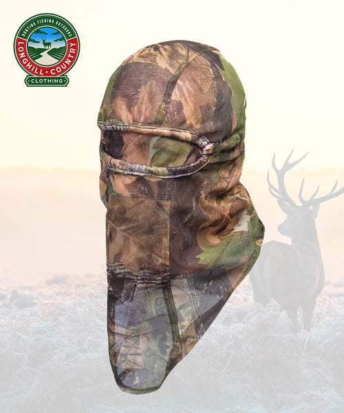 Product shot of camouflage jack pyke lightweight mesh balaclava 