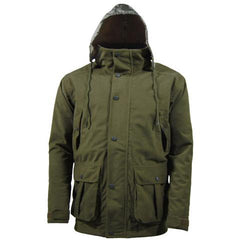 Front product view of the Game Stealth Field Jacket with hood up