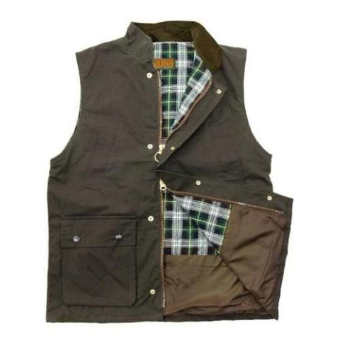 Product image, front view of the Game wax gilet slightly zipped open 